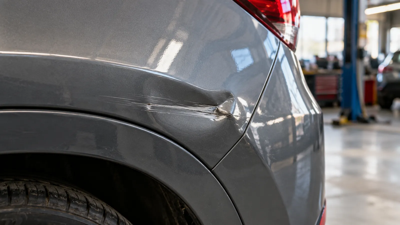 Detaliu de caroserie auto cu o zgârietură și o mică lovitură pe aripa din spate