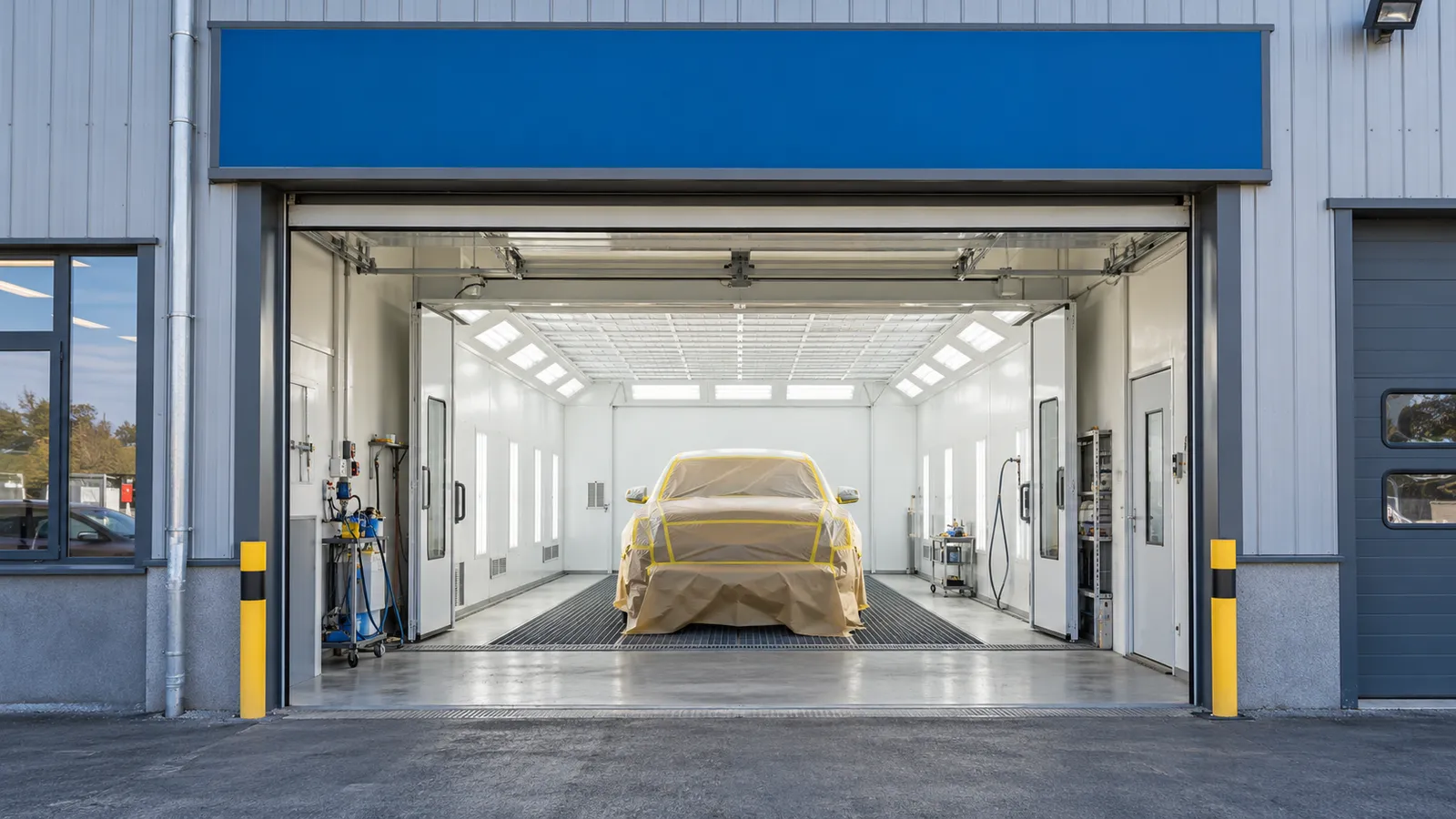 Fațada unui atelier de vopsitorie auto cu ușă mare de garaj deschisă și cabină de vopsire luminată